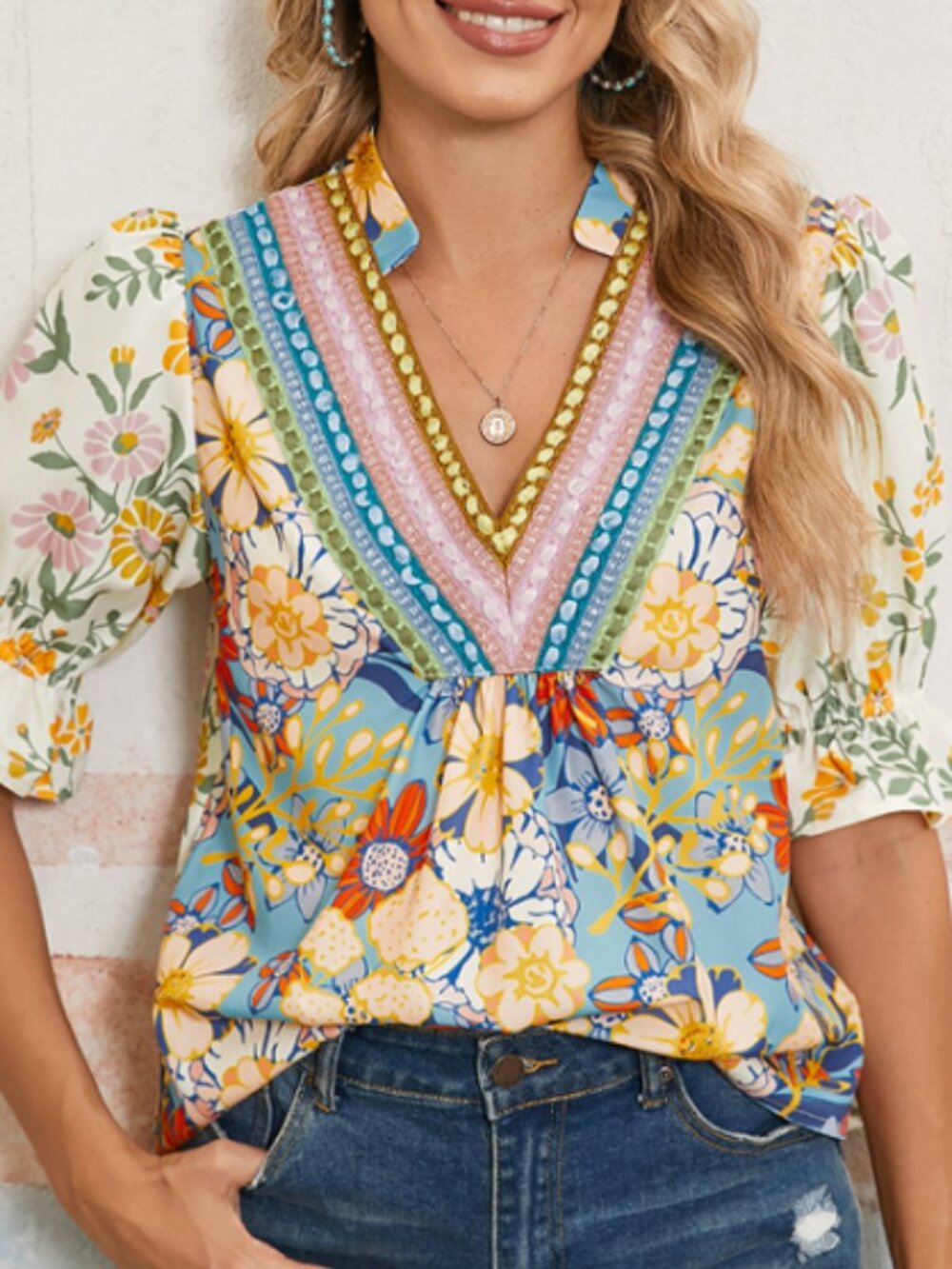 Multicolour Crochet V Neck Half Sleeve Boho Floral Blouse